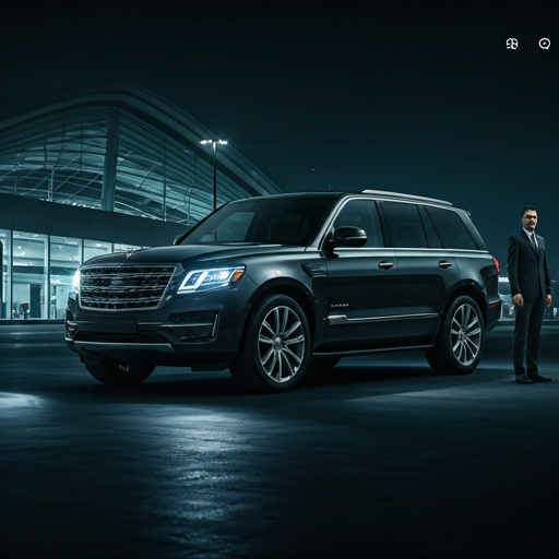 Luxury SUV with chauffeur outside an airport terminal at night